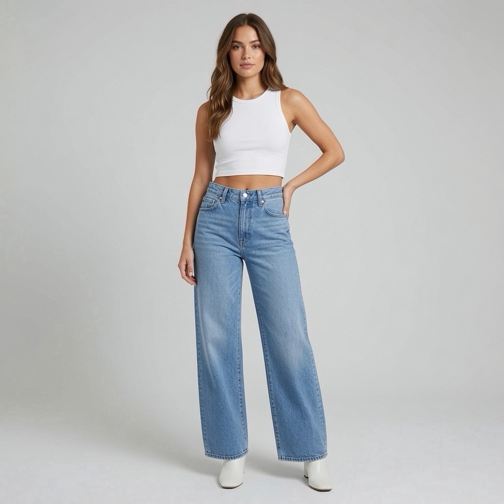 FRAME The Bow Jeans in Rapture Blue Women 26 High Rise Wide Bowed Leg $298